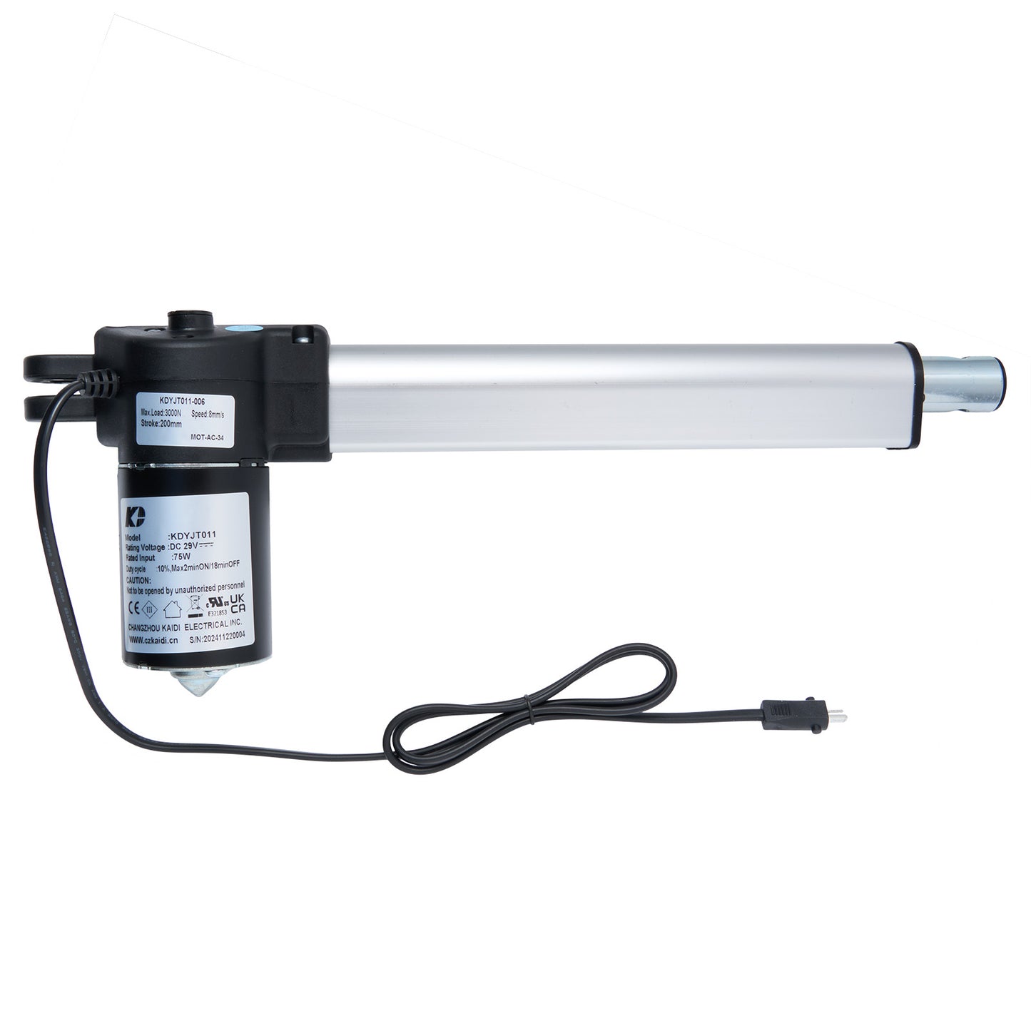 A KAIDI linear actuator with a black motor and silver shaft, including a power cable with a 2-pin male plug.