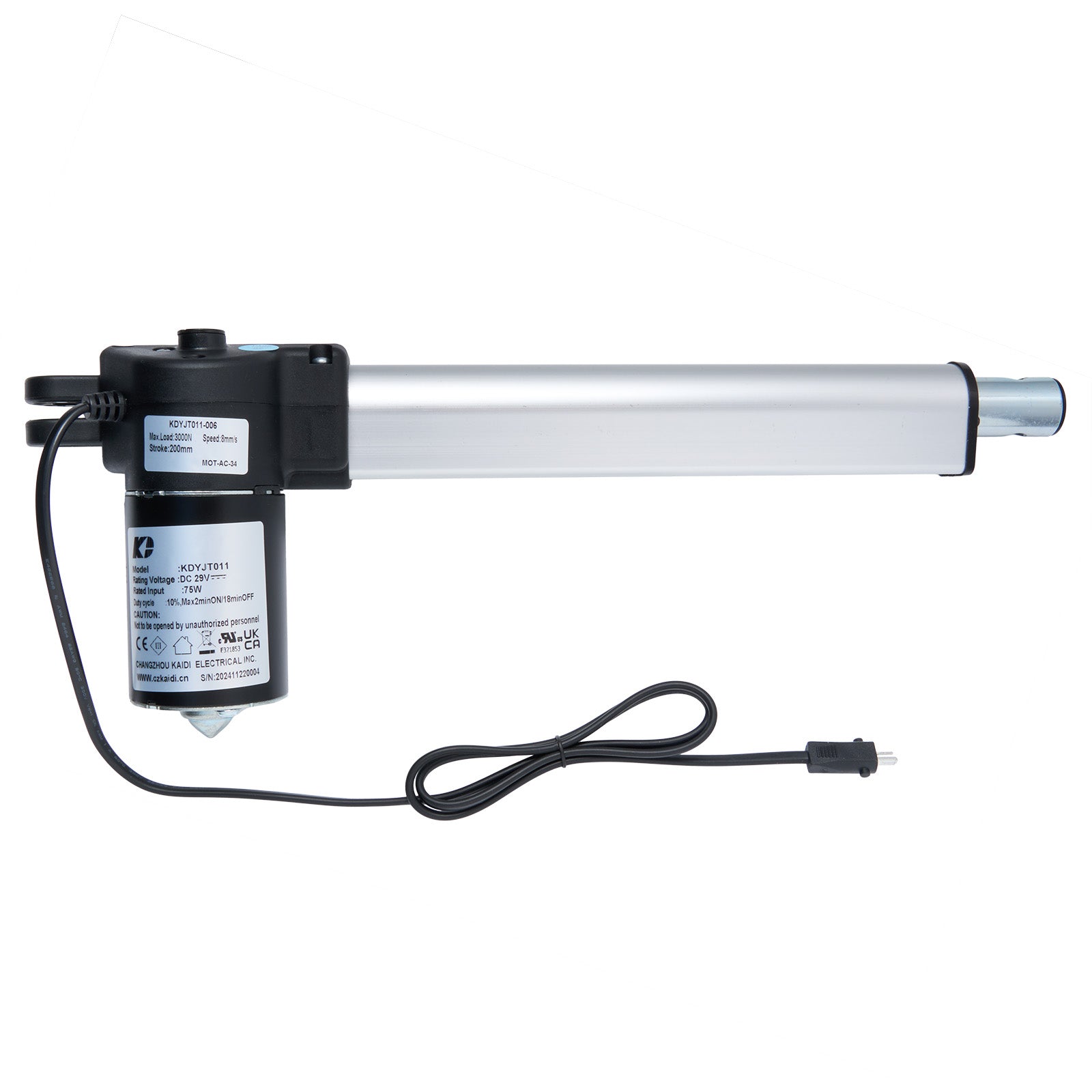 A KAIDI linear actuator with a black motor and silver shaft, including a power cable with a 2-pin male plug.