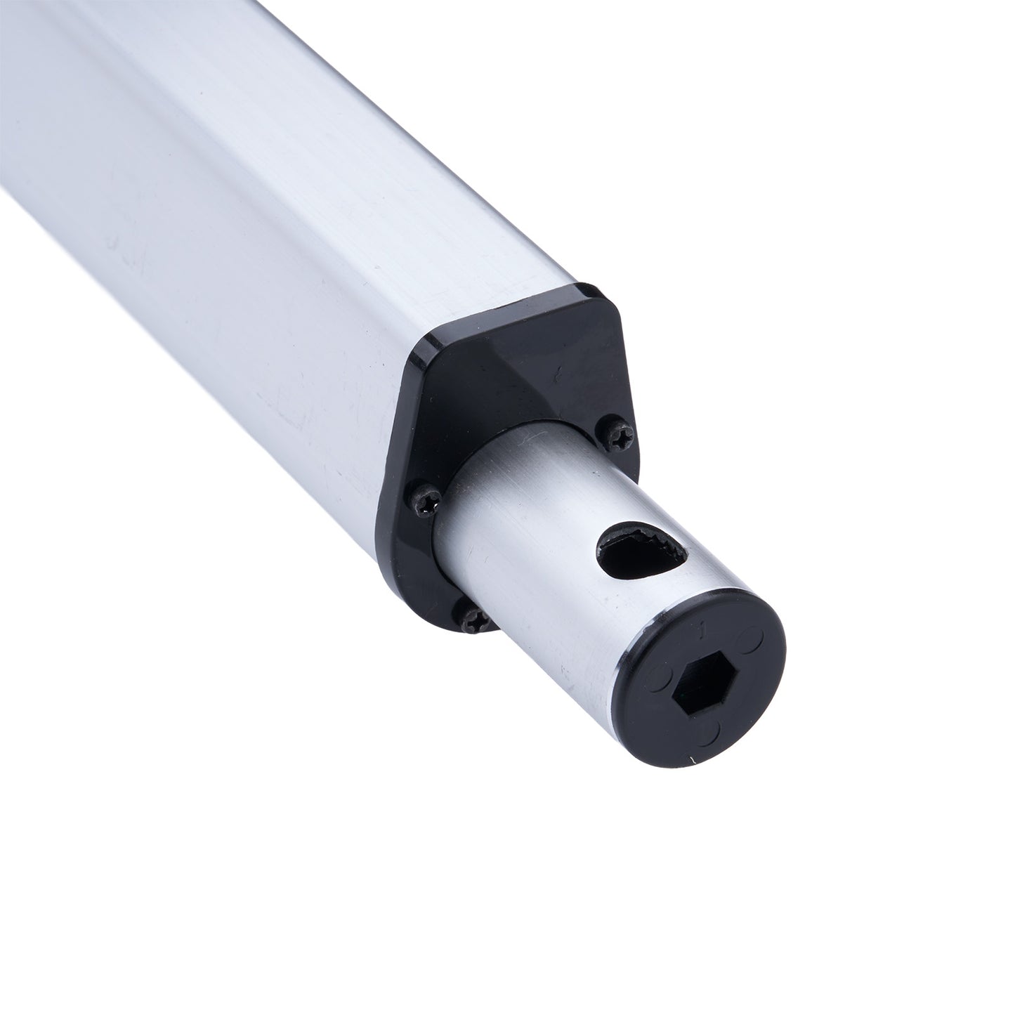 Close-up of a cylindrical metal component on a white background