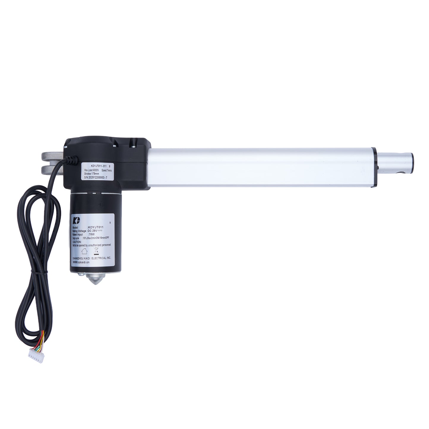 Linear actuator with black housing and white cylindrical component on a white background