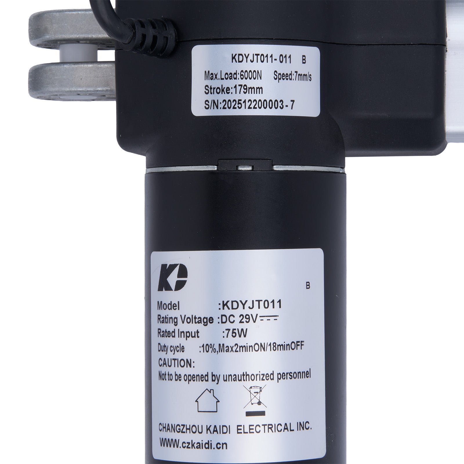 Close-up of a mechanical component with labels and specifications on a white background