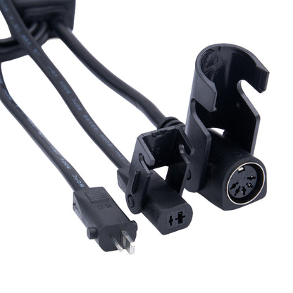 Black electrical plug and cable on a white background