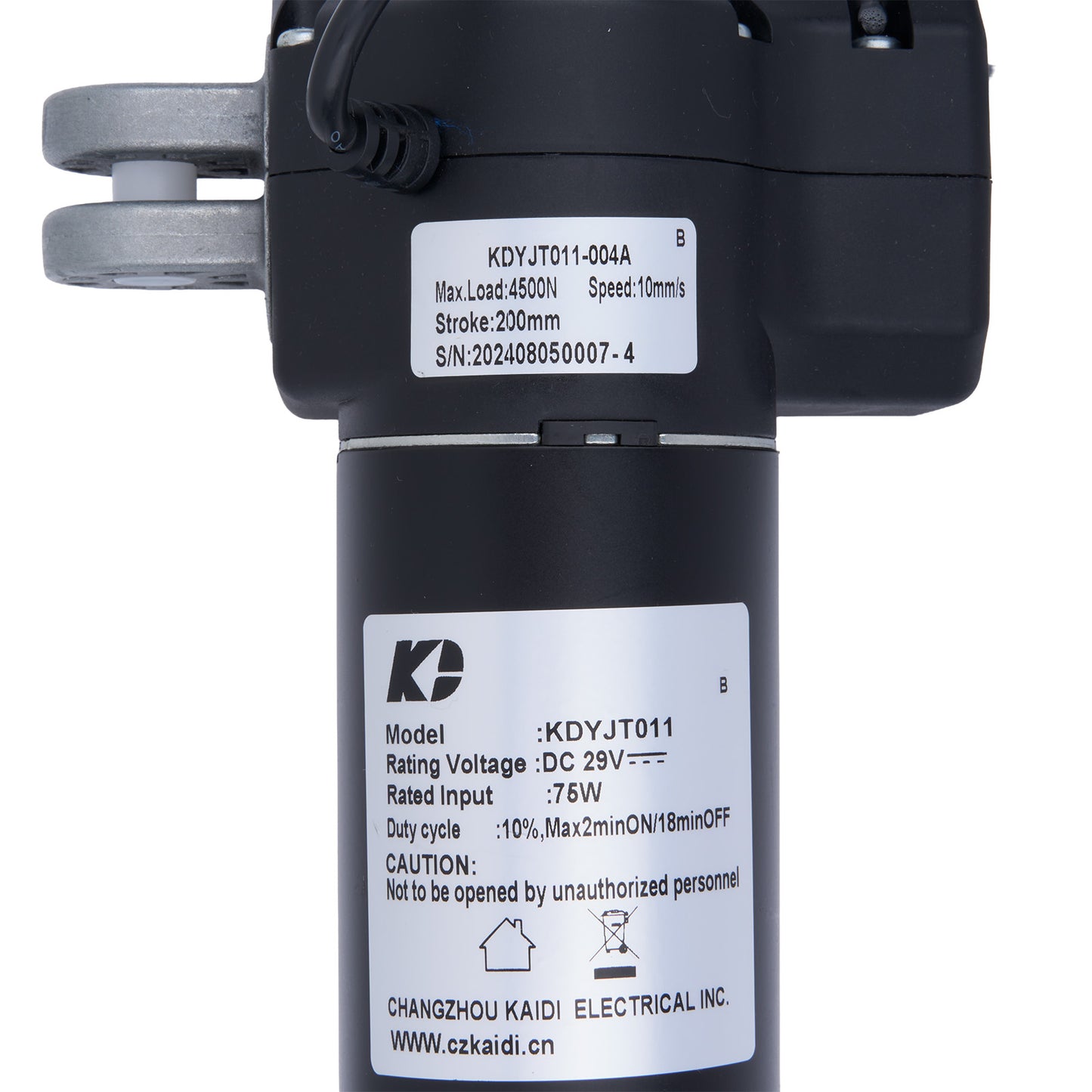 Close-up of a black mechanical component with labels and specifications on a white background
