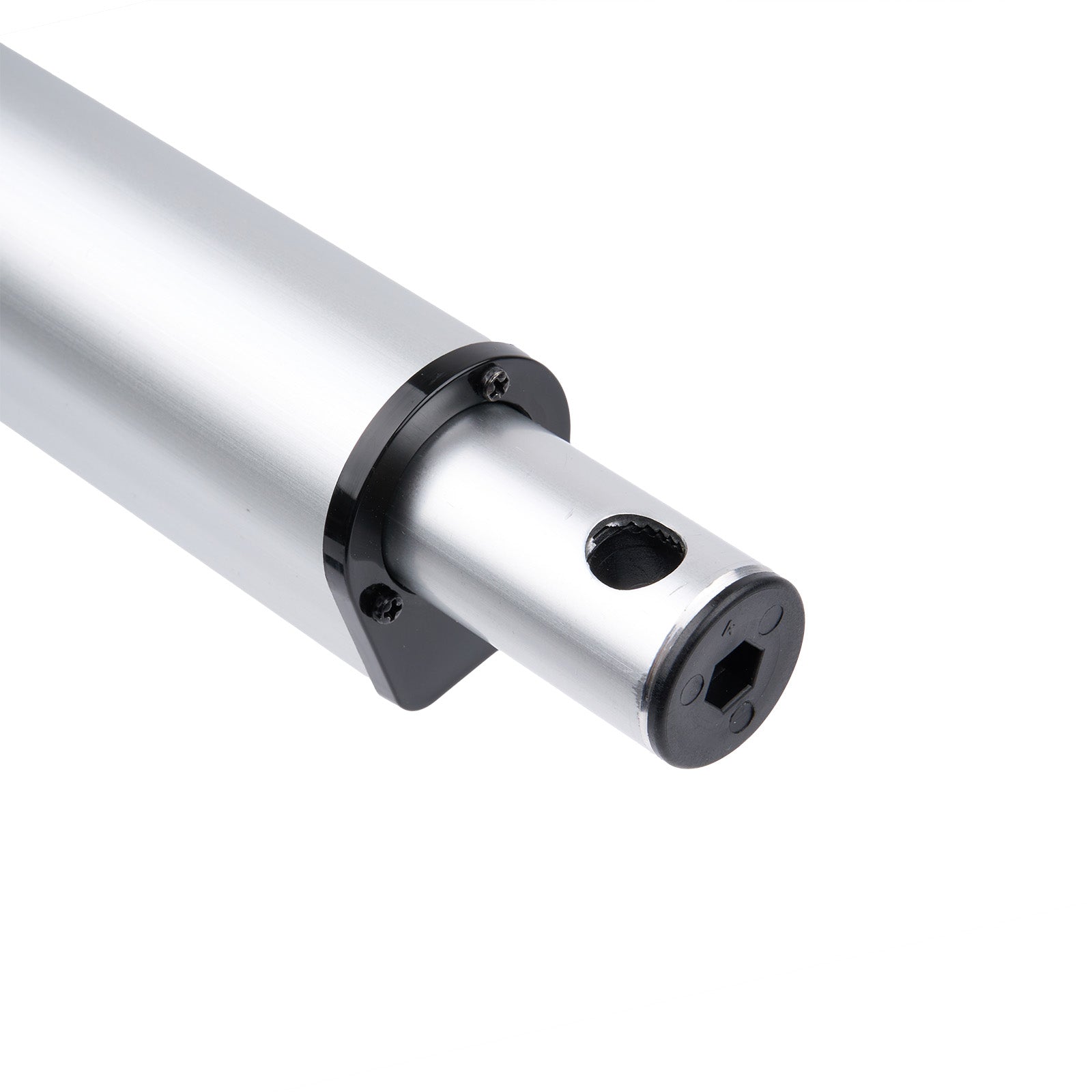 Metallic cylindrical component with black accents on a white background