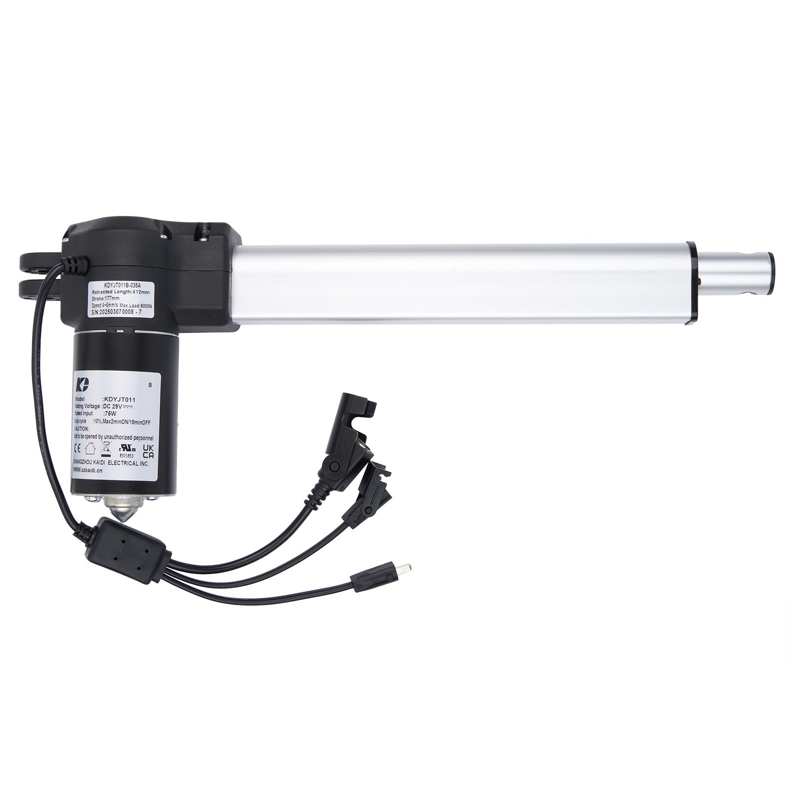 Electric linear actuator with black housing and visible branding on a white background