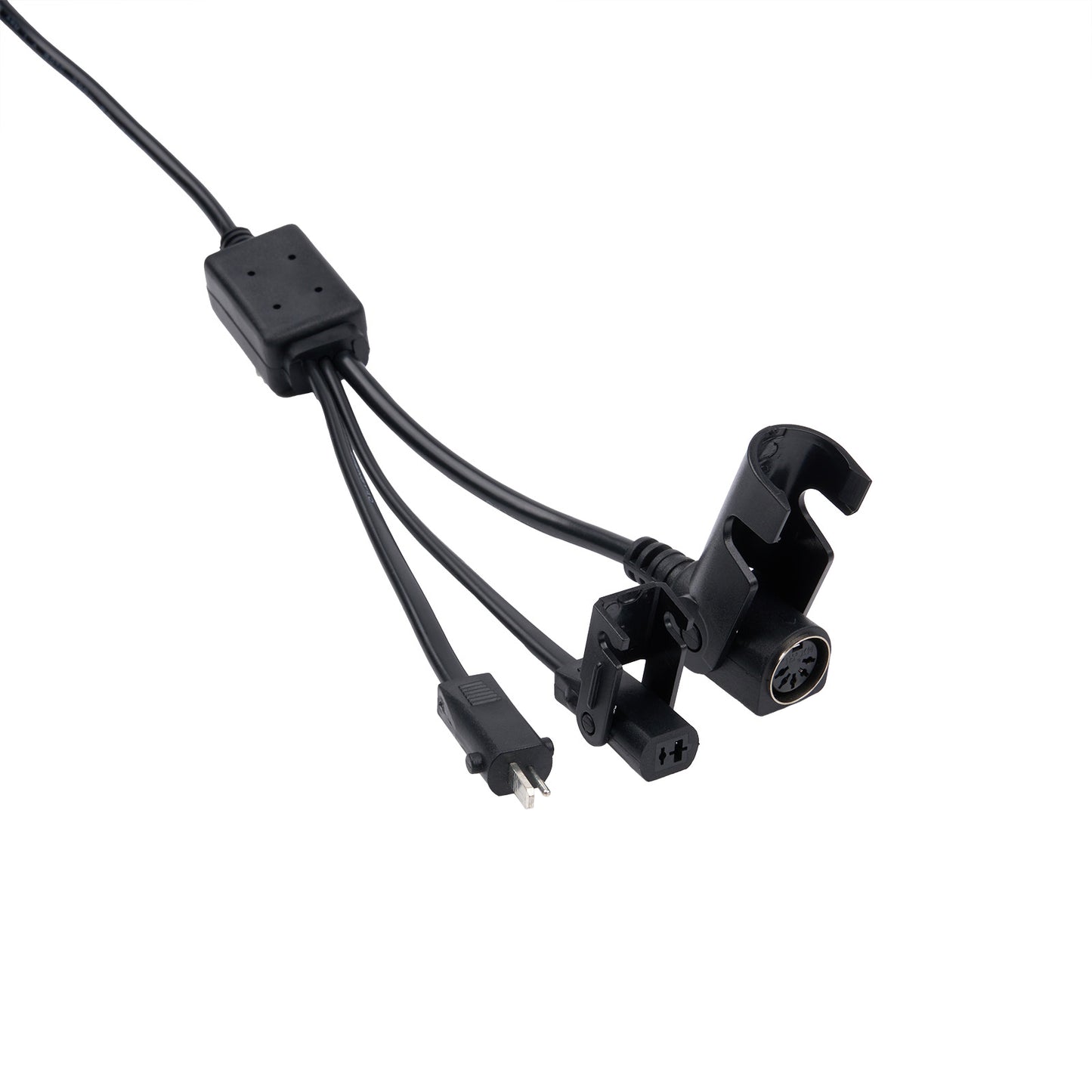 Black electronic cable with connectors on a white background