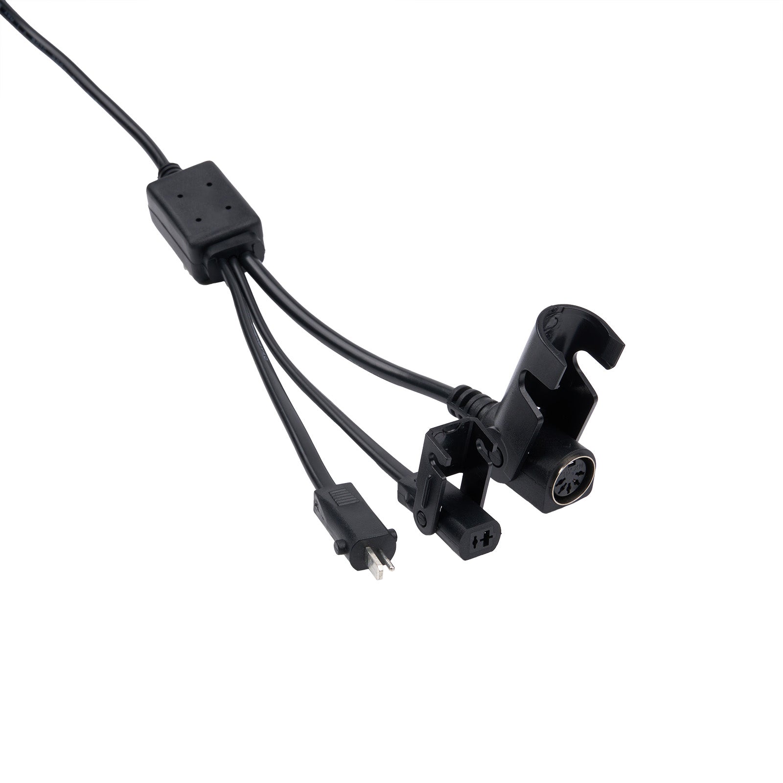 Black electronic cable with connectors on a white background