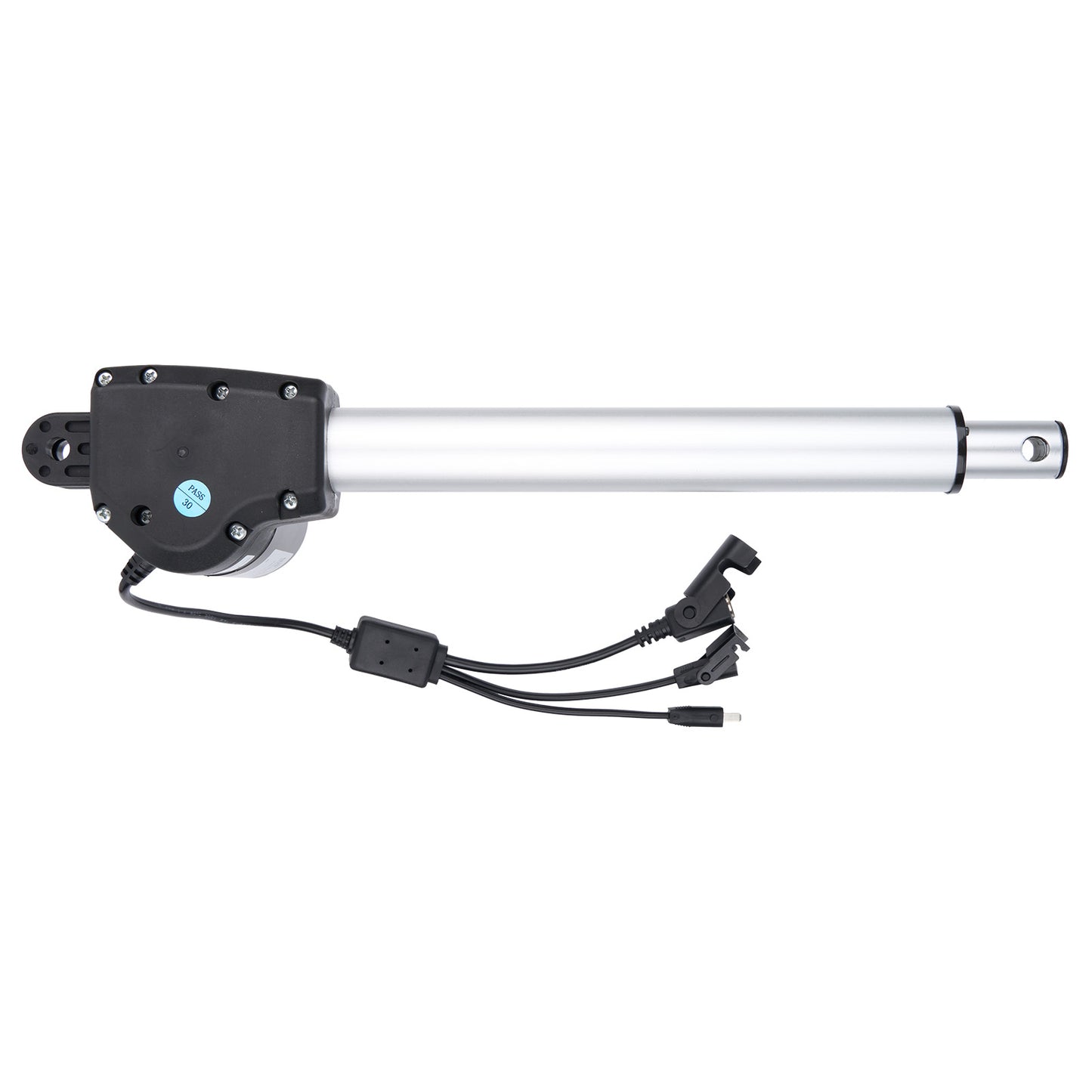Linear actuator with black housing and wiring on a white background