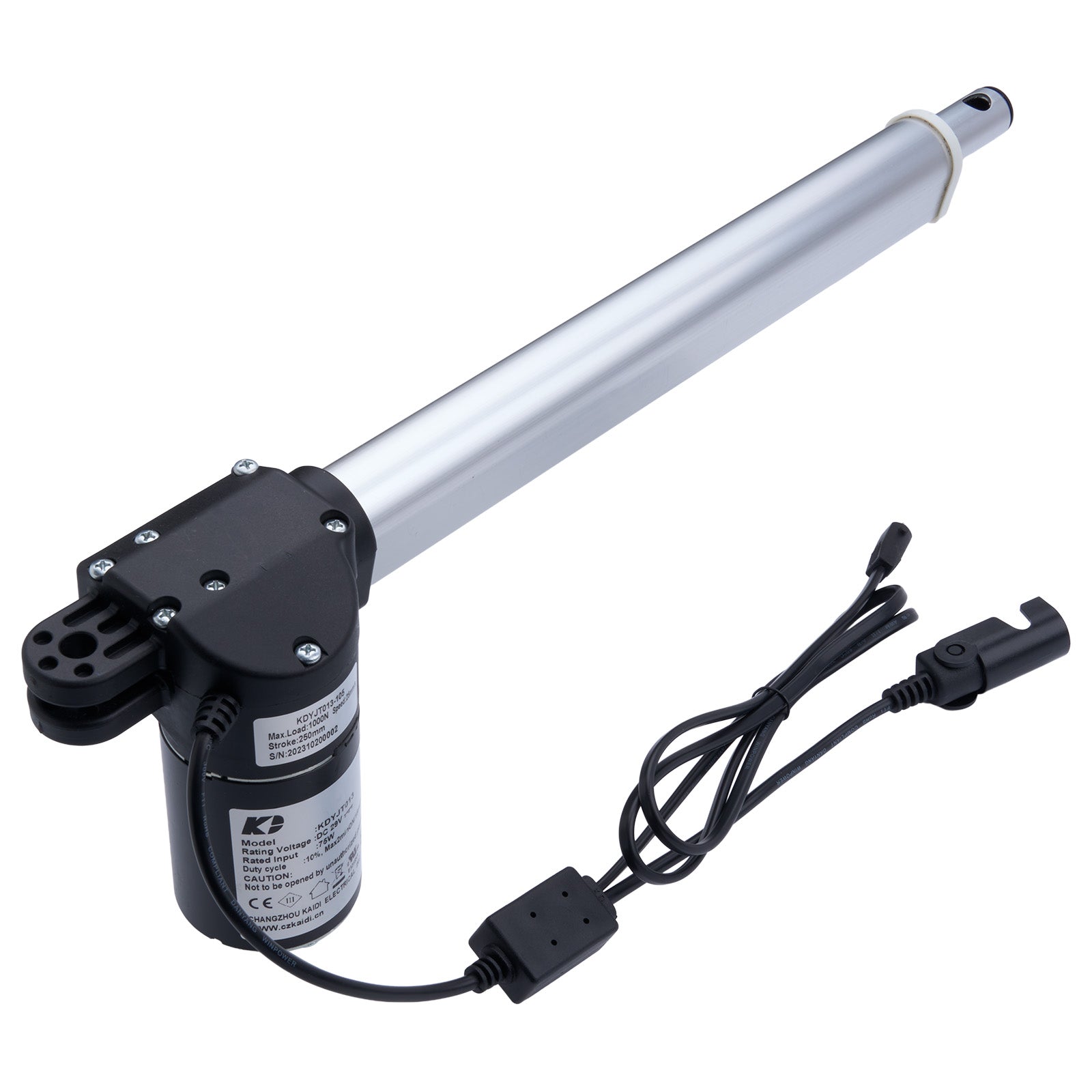 Electric actuator with cable and connector on a white background
