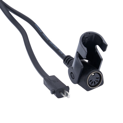 Black audio cable with plug and XLR connector on a white background