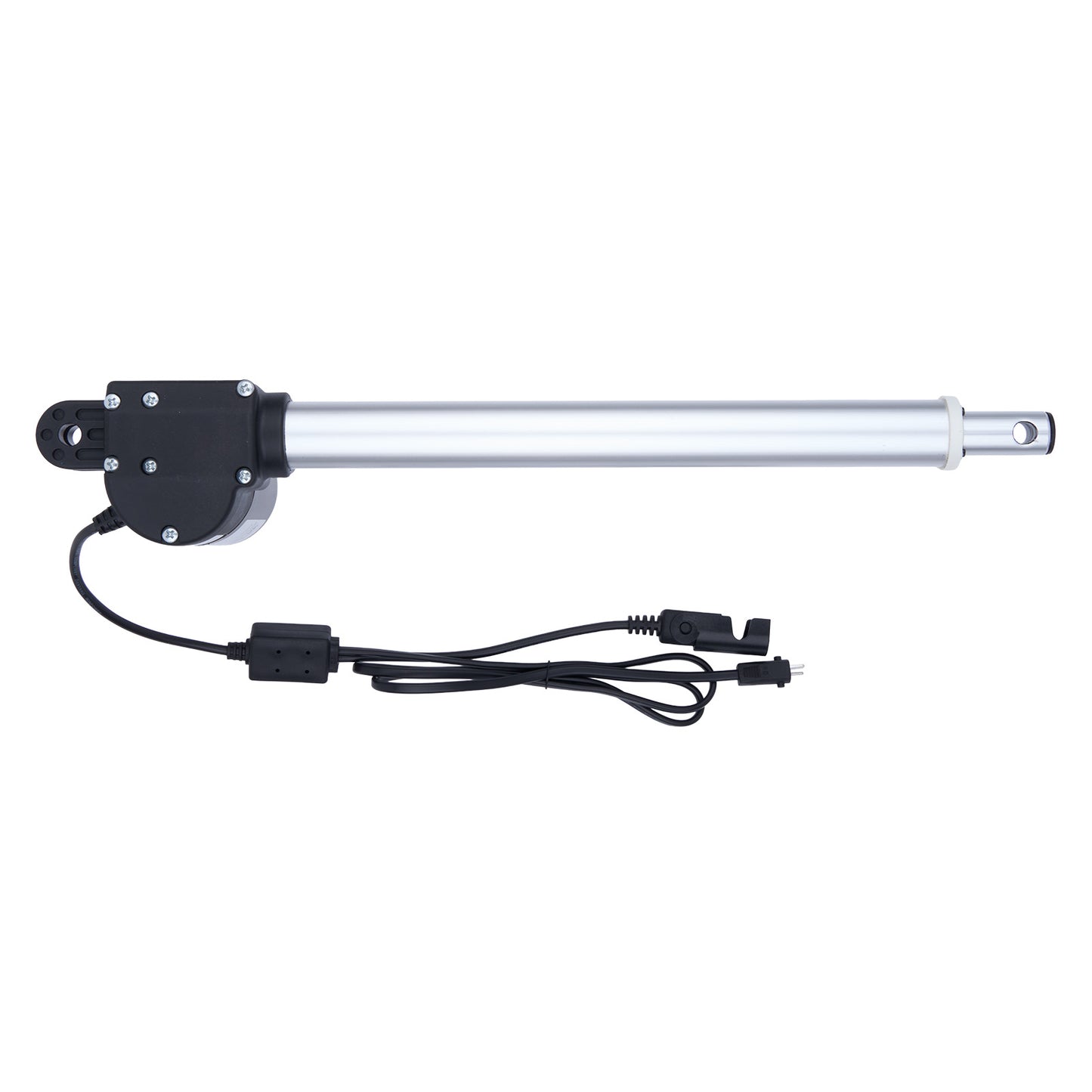 Linear actuator with black housing and wiring on a white background