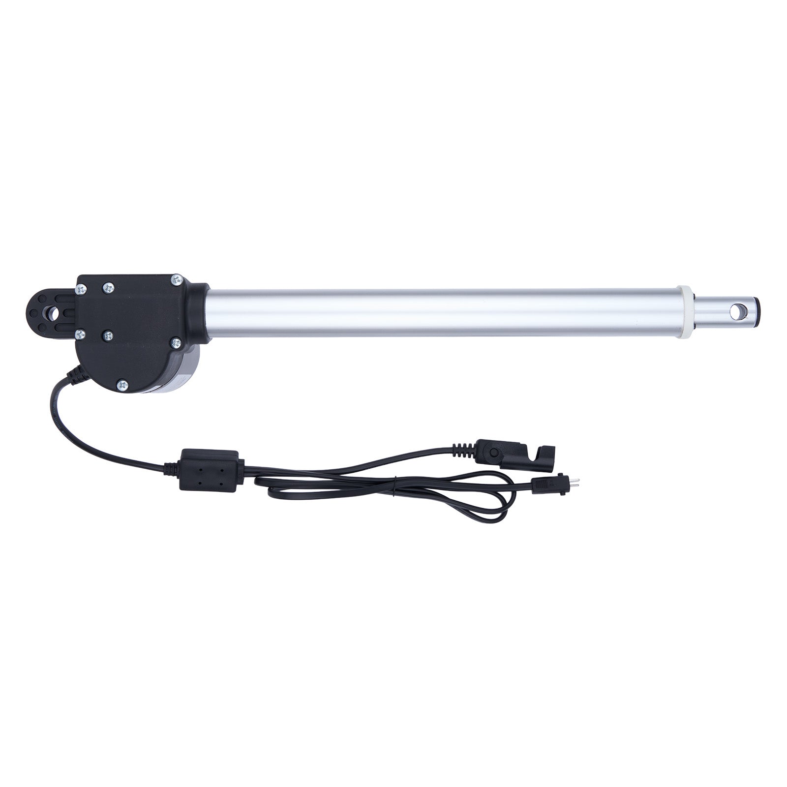 Linear actuator with black housing and wiring on a white background