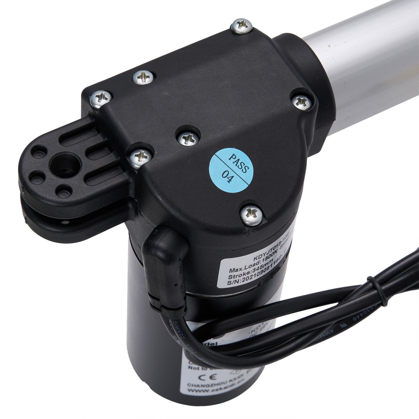Close-up of a mechanical actuator with wiring on a white background