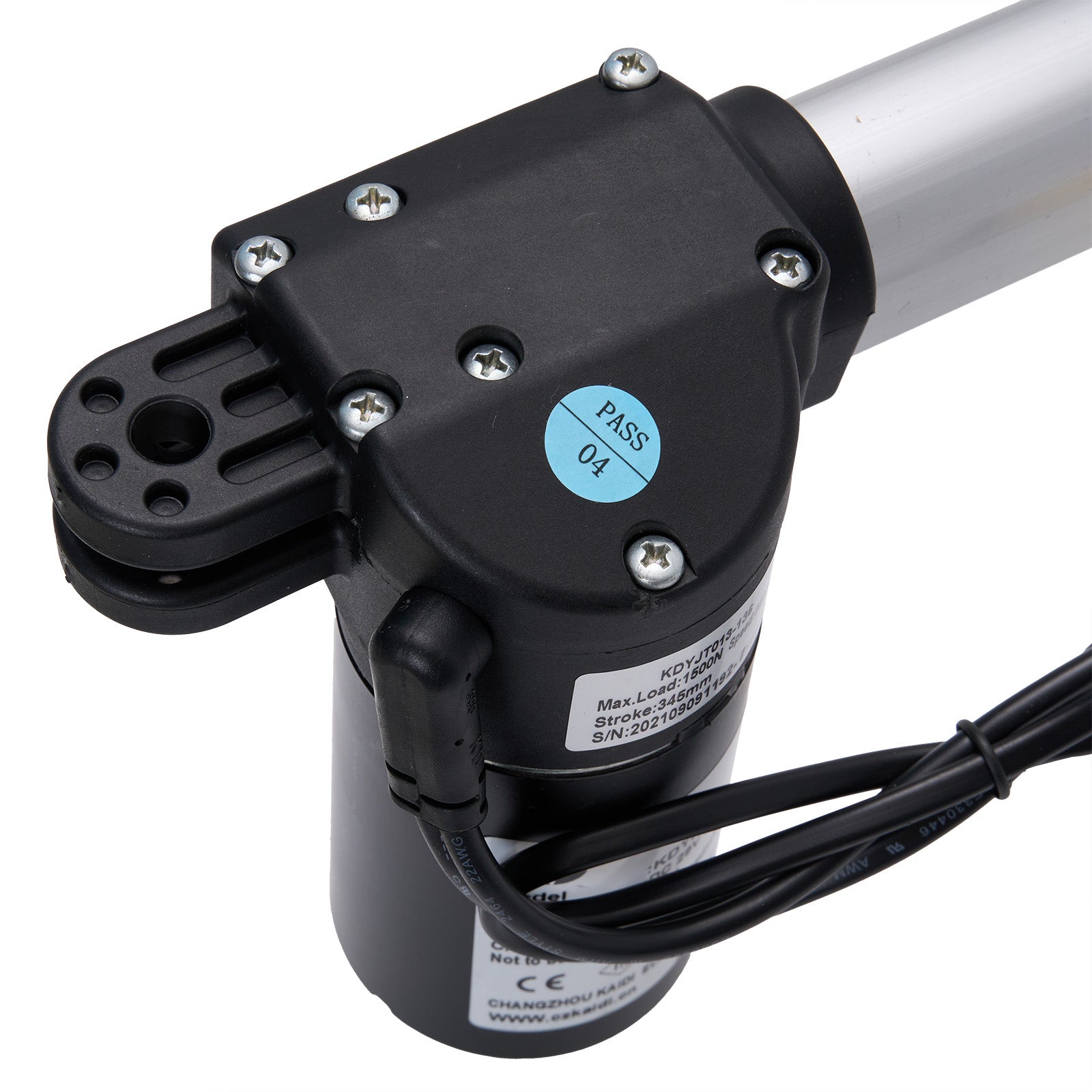Close-up of a mechanical actuator with wiring on a white background