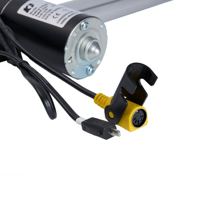 Motorized garage door opener with cable and plug on a white background