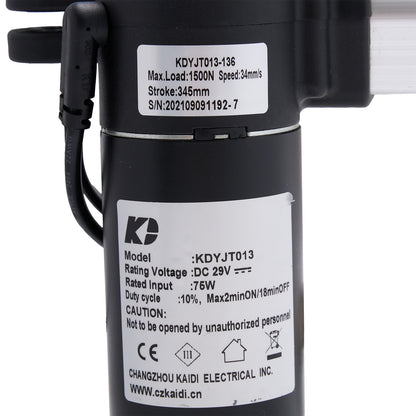Black mechanical device with technical specifications label on a white background