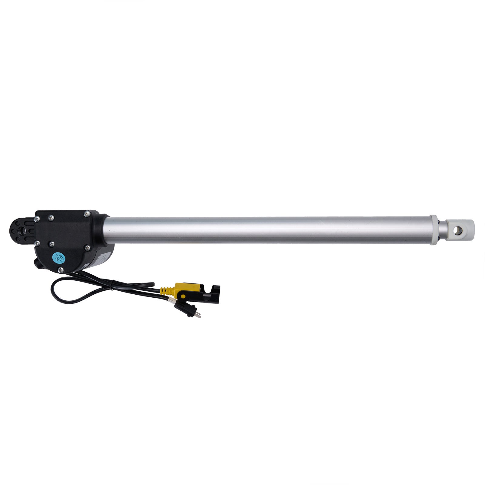 Electric actuator with a black control box and wiring on a white background