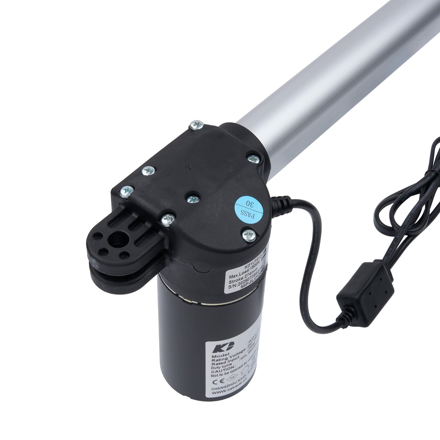 Motorized actuator with cable on a white background