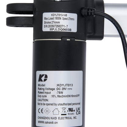 Black mechanical component with labeled specifications on a white background
