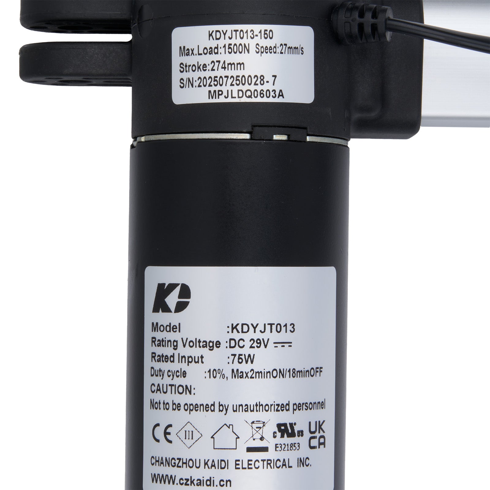 Black actuator with visible model number and specifications on a white background