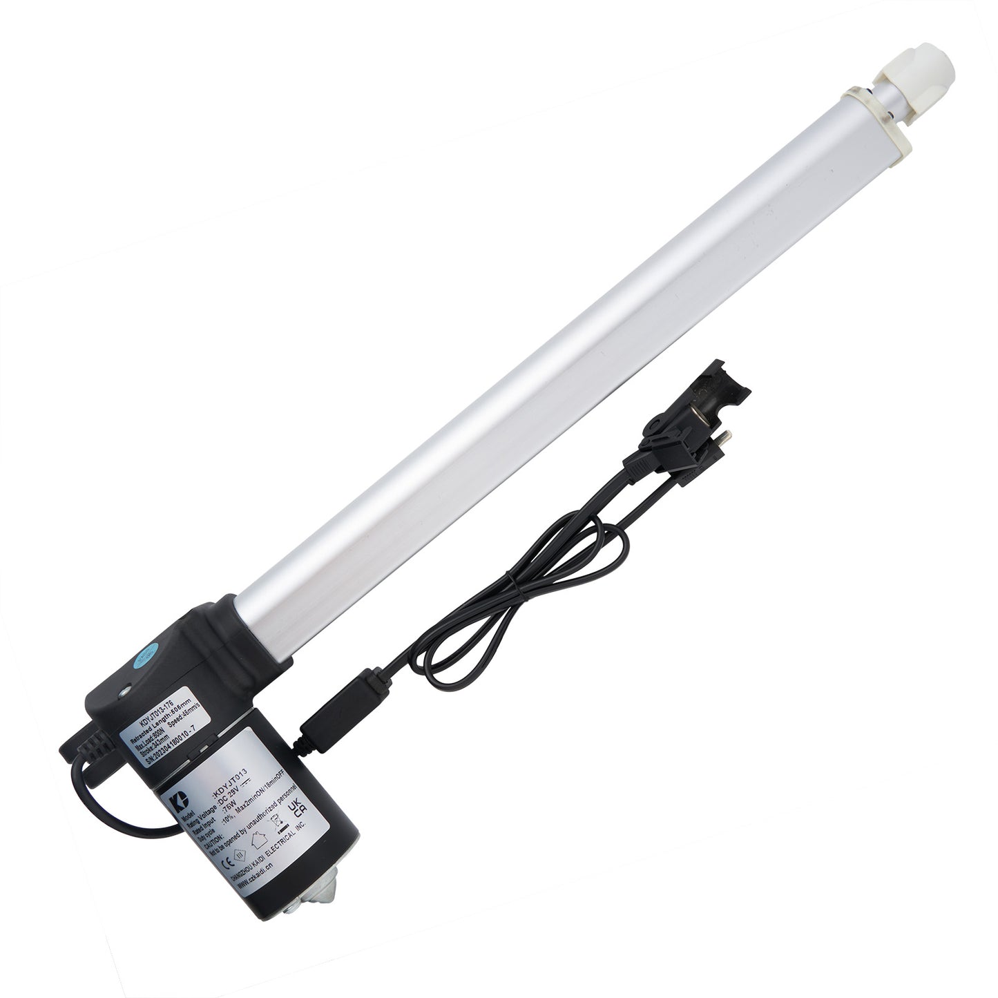 A silver linear actuator with attached cables and plugs, designed for use in furniture with motion capabilities.
