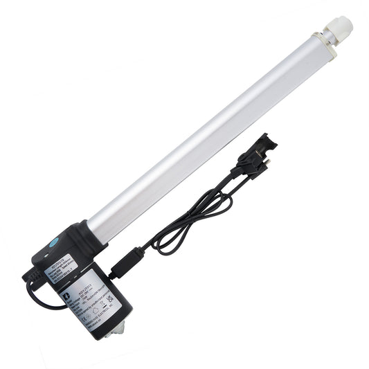 A silver linear actuator with attached cables and plugs, designed for use in furniture with motion capabilities.