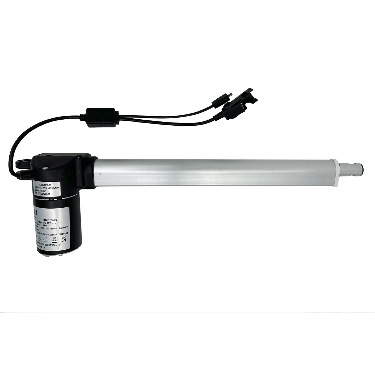 A black linear actuator for a recliner or lift chair, showing the actuator body, piston rod, and electrical wiring with plugs.