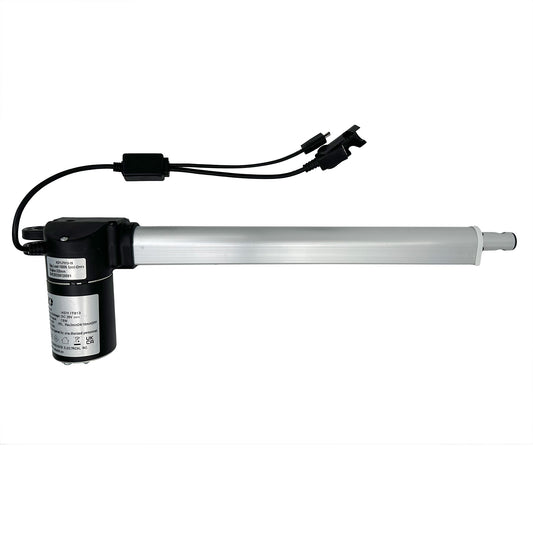 A black linear actuator for a recliner or lift chair, showing the actuator body, piston rod, and electrical wiring with plugs.