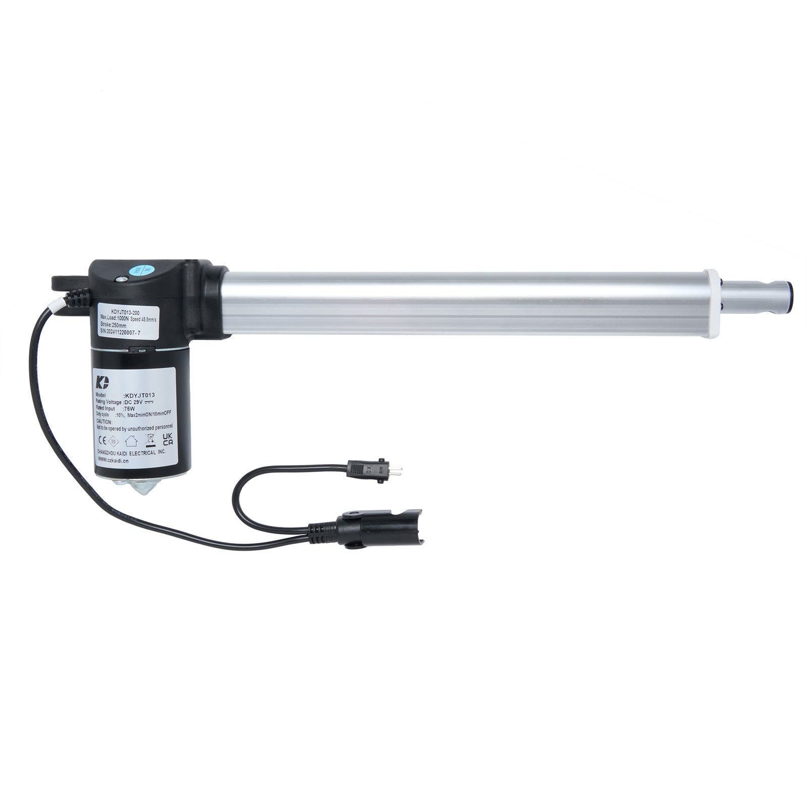 A KAIDI linear actuator for recliner/lift chairs, featuring a black body with a metallic extension and two cables with plugs.