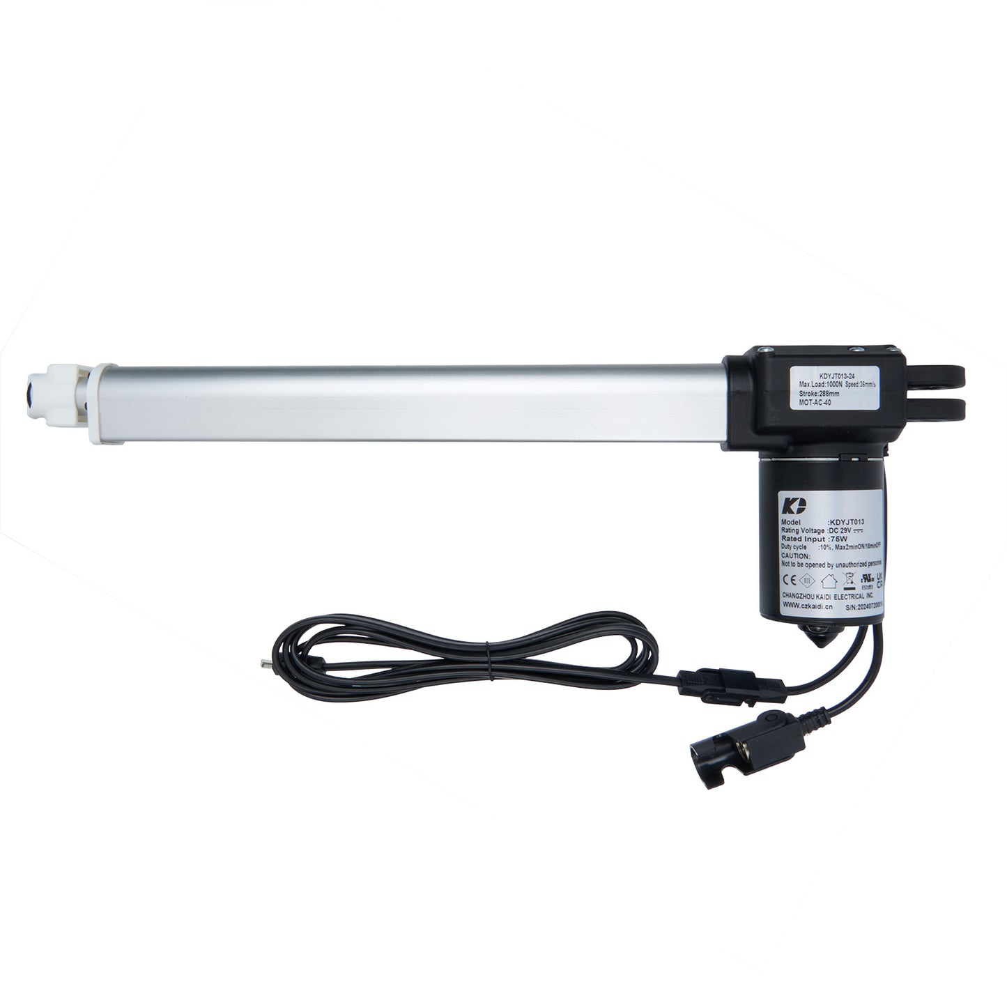 A linear actuator consisting of a metal cylinder, motor, and electrical wiring with connectors.