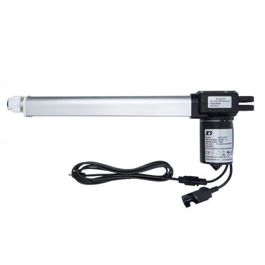A linear actuator consisting of a metal cylinder, motor, and electrical wiring with connectors.