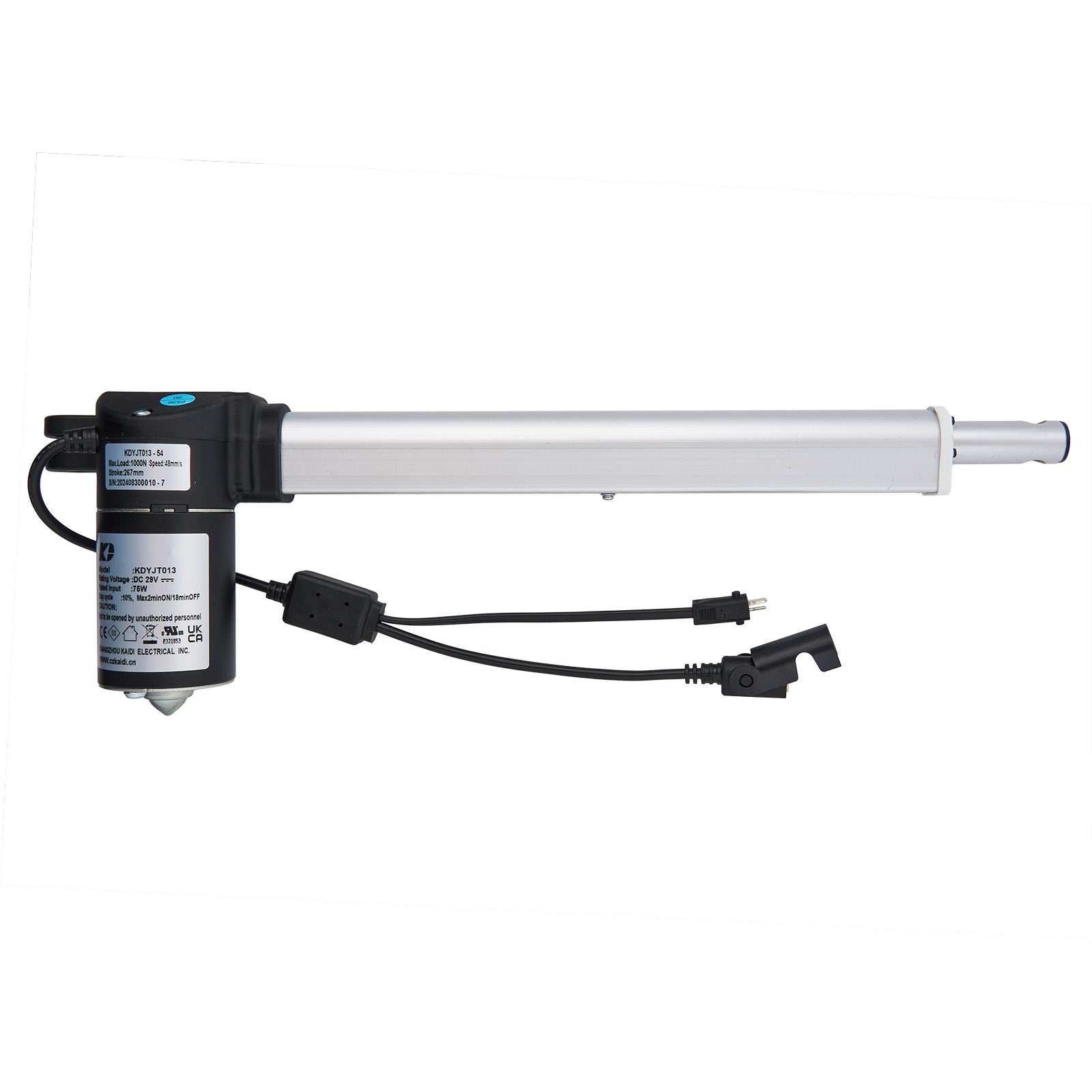 A silver linear actuator with attached cables and plugs, presumably for use in a recliner or lift chair.