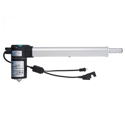 A silver linear actuator with attached cables and plugs, presumably for use in a recliner or lift chair.