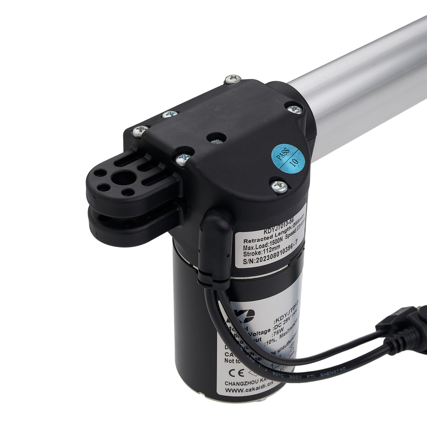 Electric actuator with black housing and visible branding on a white background