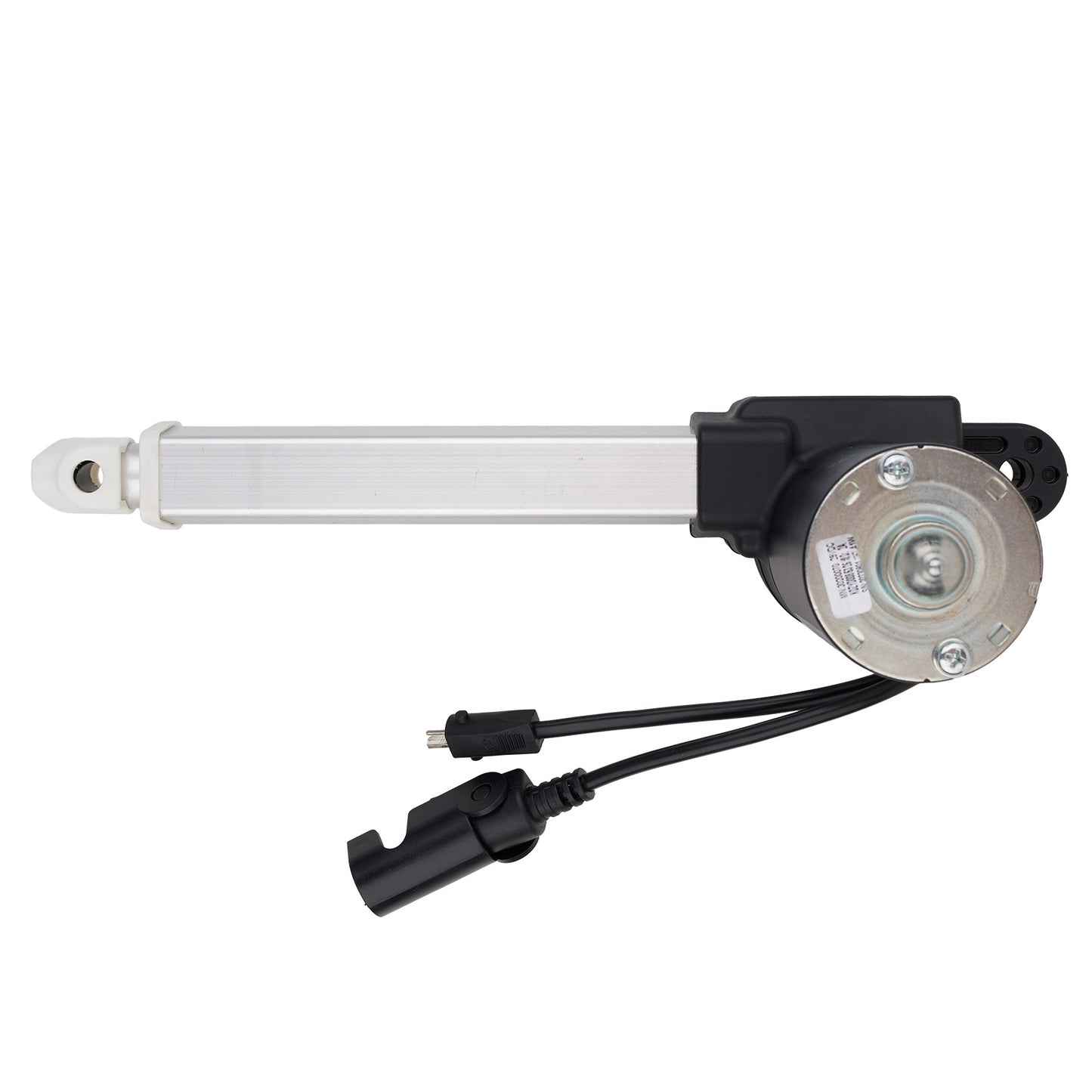 Mechanical component with a white rod and black housing on a white background