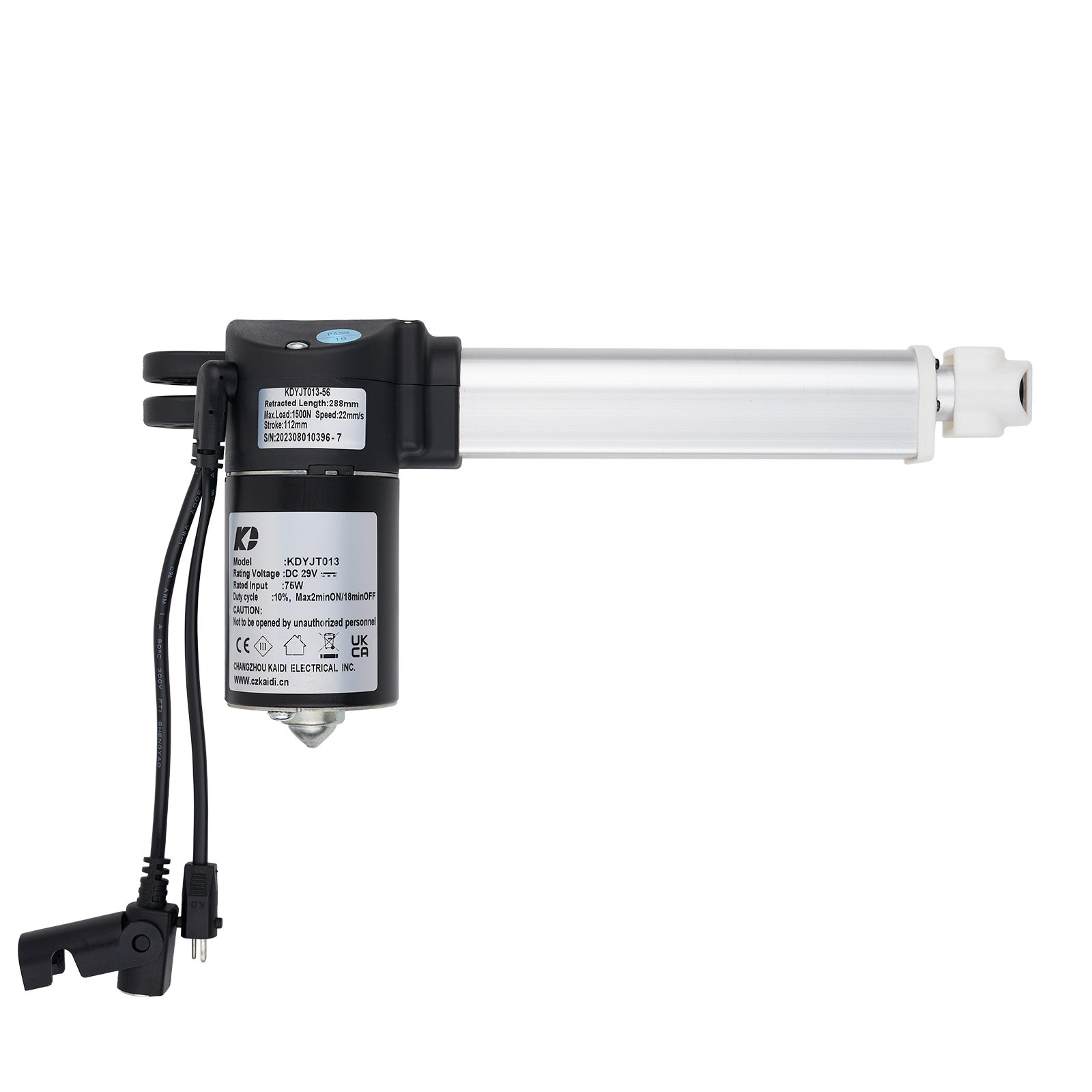 Linear actuator with power cord on a white background