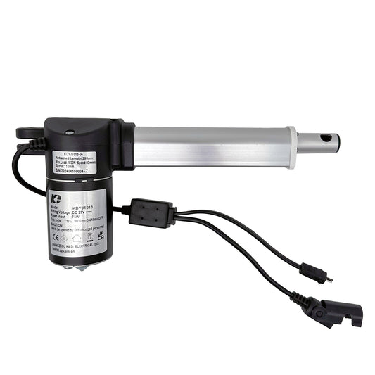 A black and silver linear actuator with a power input connector and a control plug.