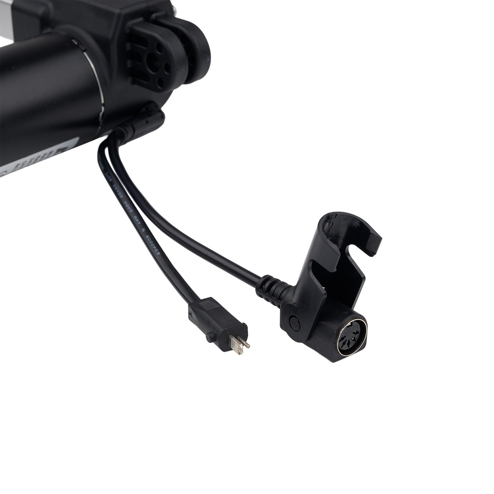 Close-up of a black camera mount with wiring on a white background