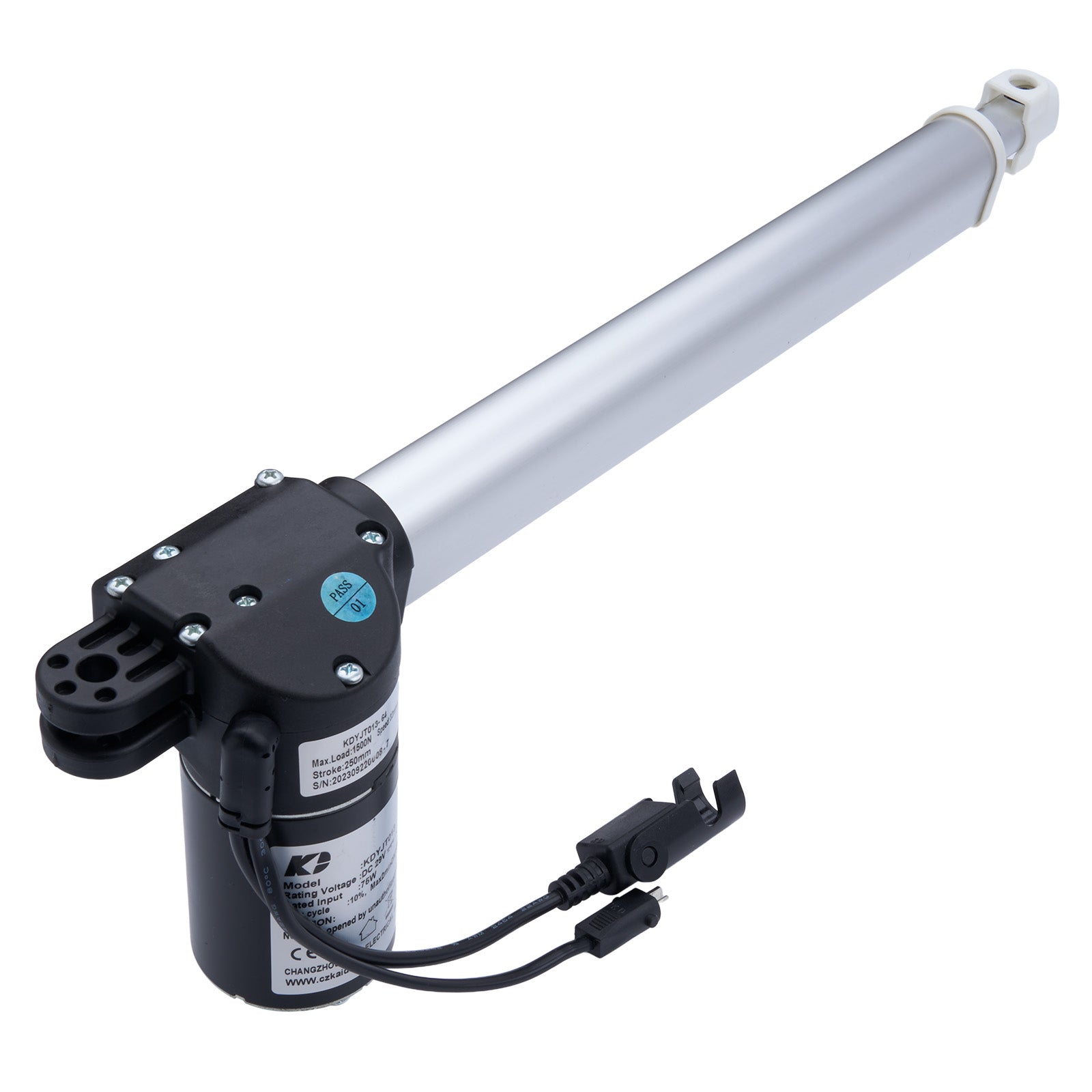 Electric actuator with a long cylindrical rod on a white background
