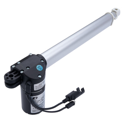 Electric actuator with a long cylindrical rod on a white background