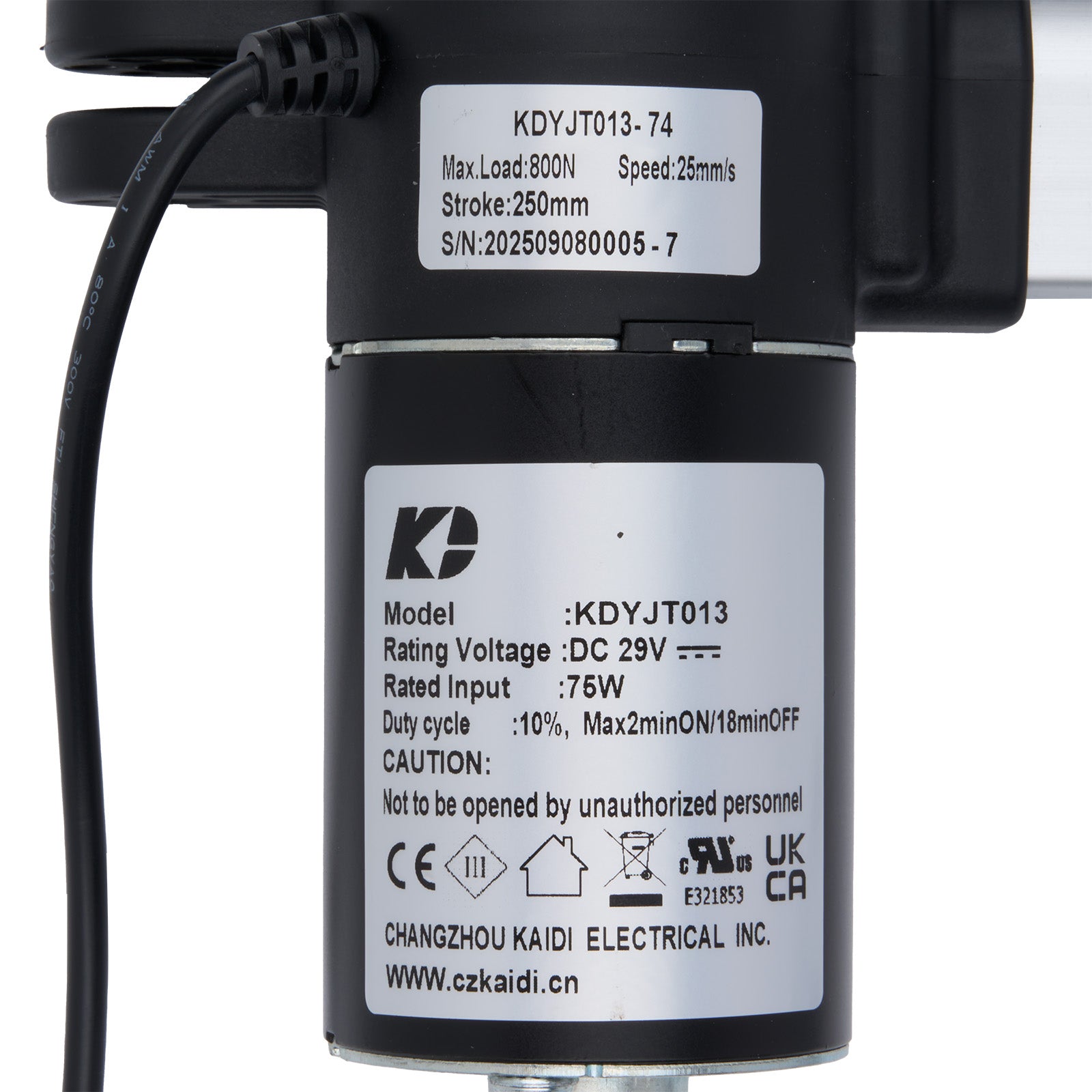 Technical specifications label on a black mechanical component with visible branding and text.