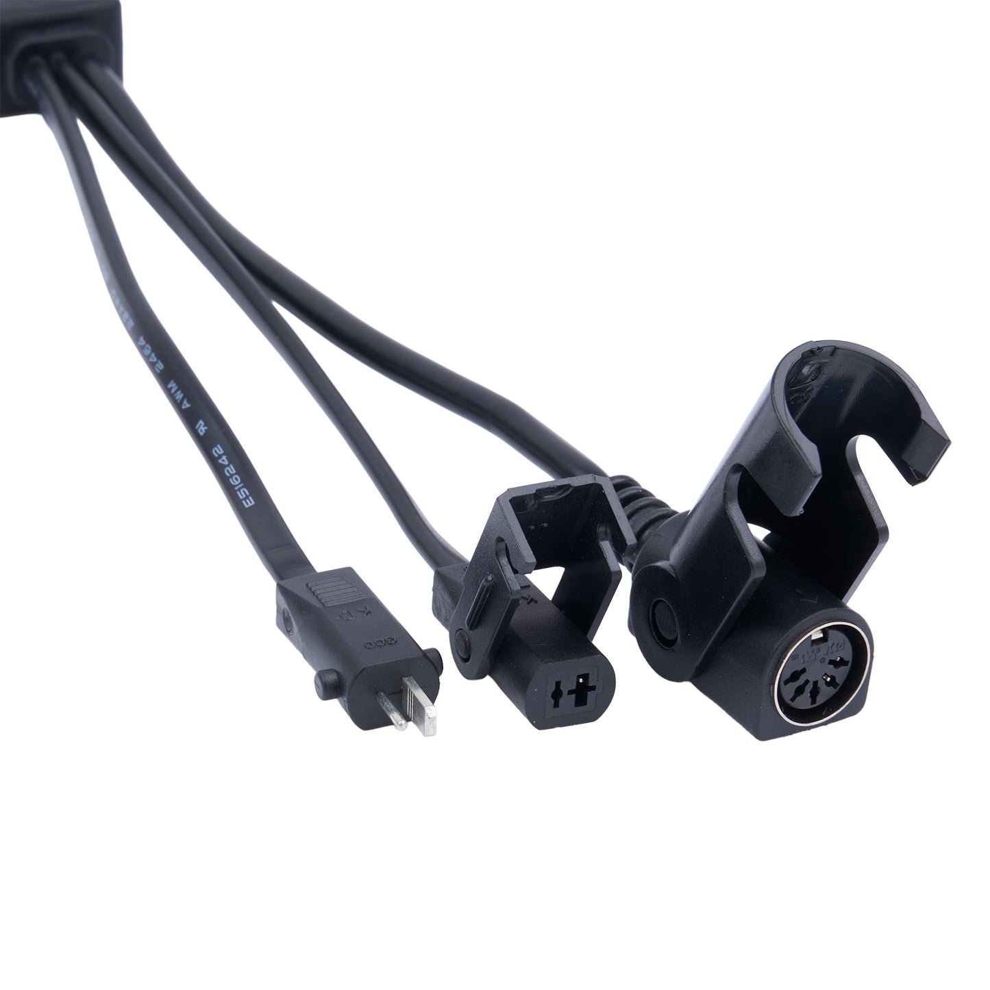 Black audio cable with connectors on a white background
