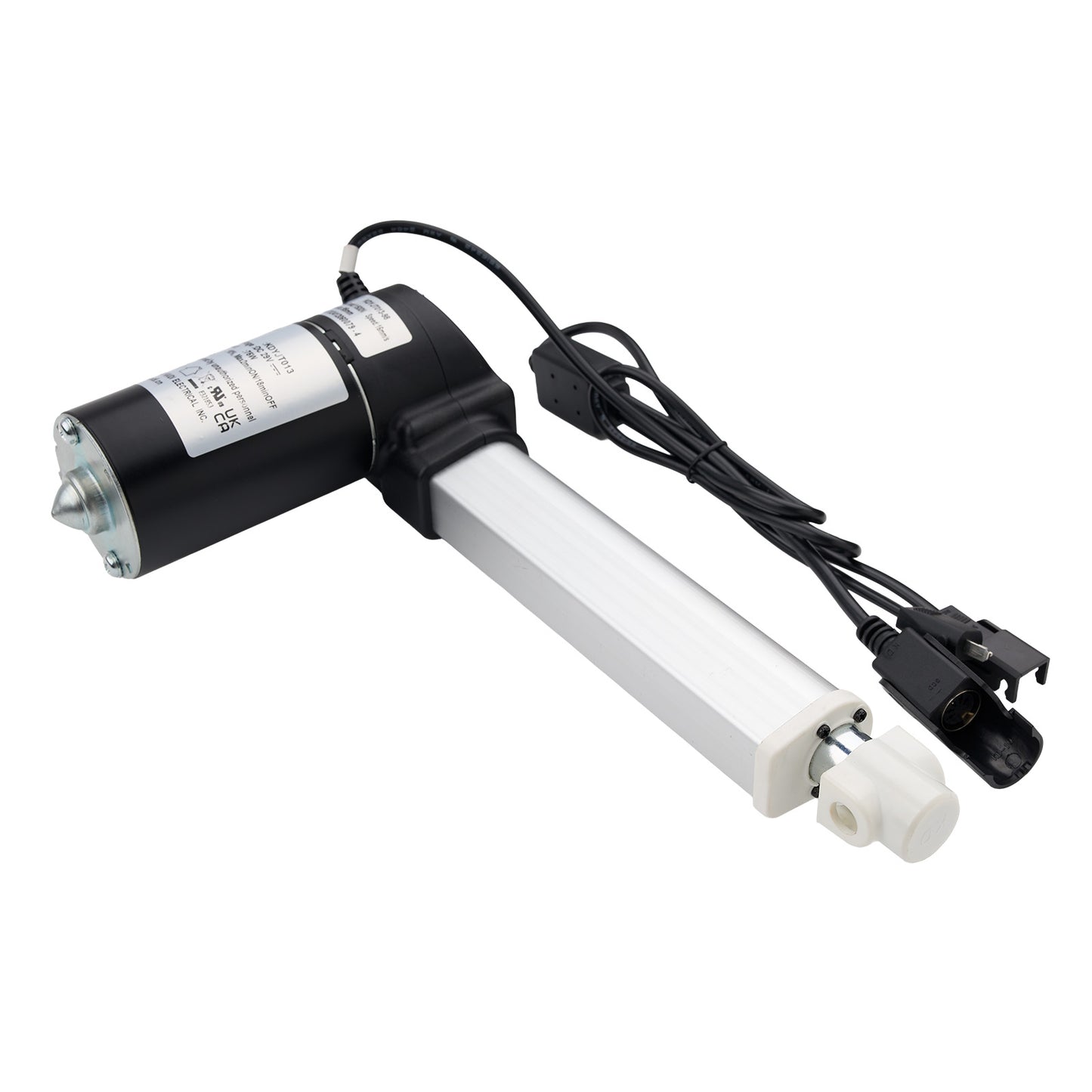 Linear actuator with black and white design on a white background