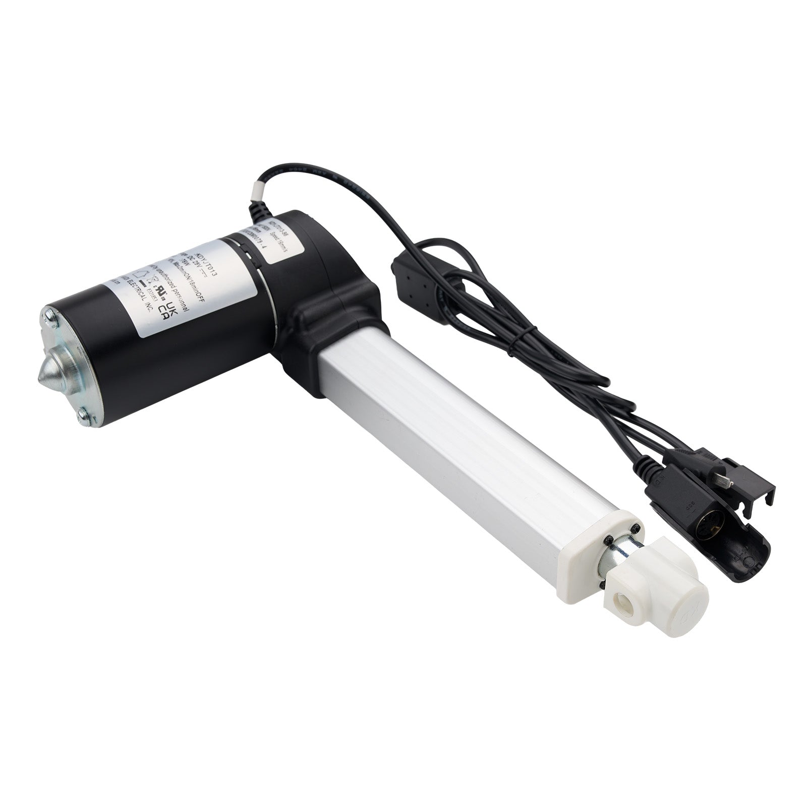 Linear actuator with black and white design on a white background