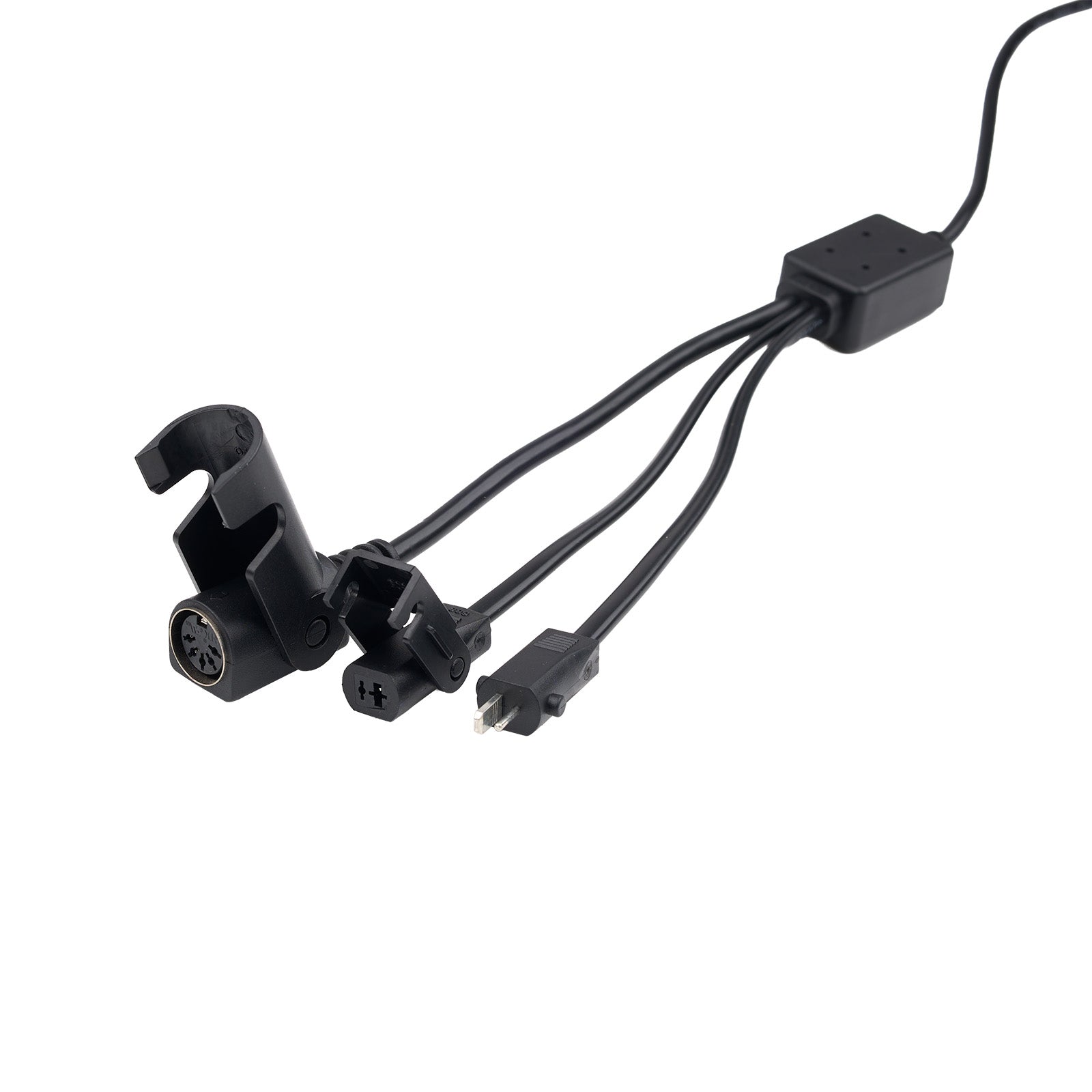 Black electronic component with multiple cables on a white background