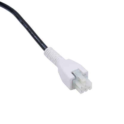 White electrical plug with black cord on a white background
