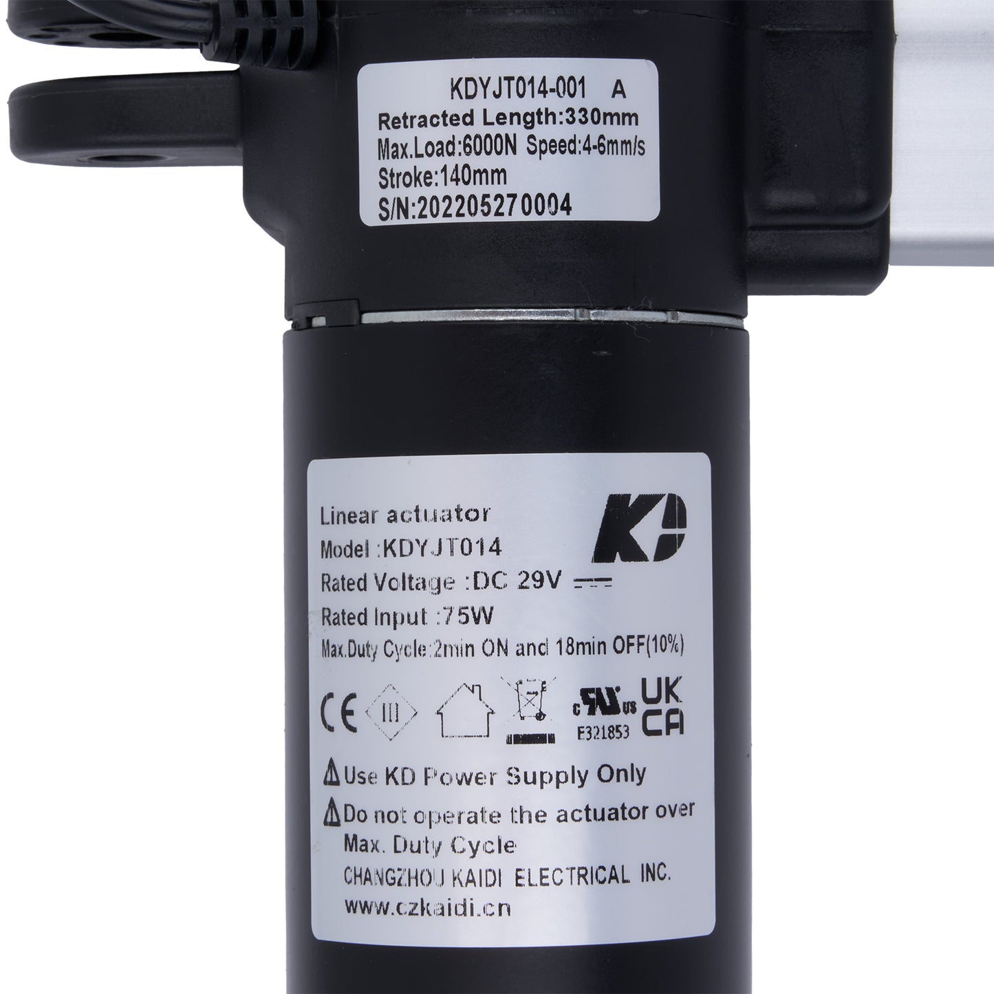 Linear actuator with specifications label on a white background