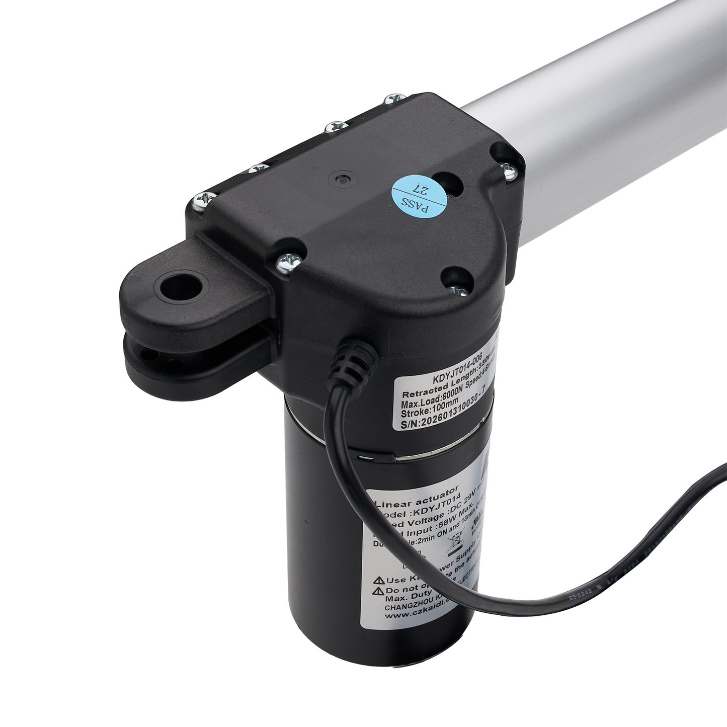Black linear actuator with visible branding on a white background