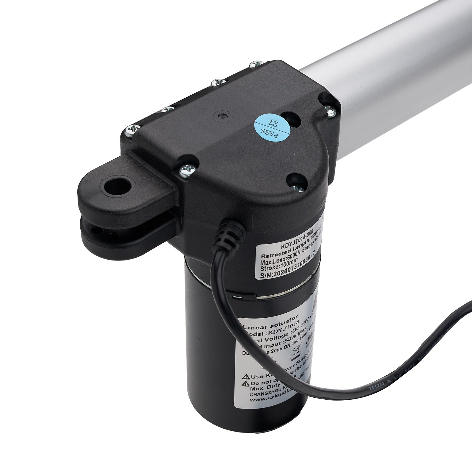 Black linear actuator with visible branding on a white background