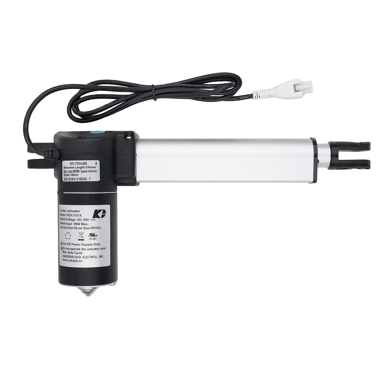 Electric linear actuator with cable on a white background